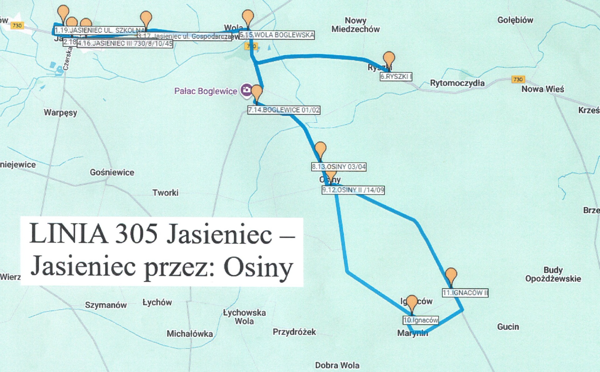 Przebieg trasy Jasieniec-Jasieniec przez: Osiny