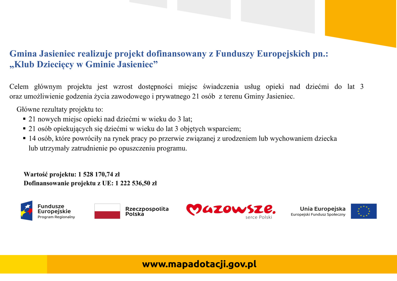 plakat informujący o dofinansowaniu