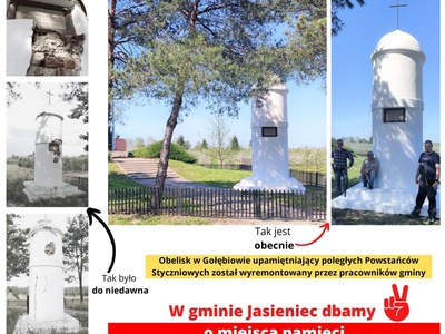 zdjęcie przedstawiające pracowników Gminy przy odnowionym pomniku 