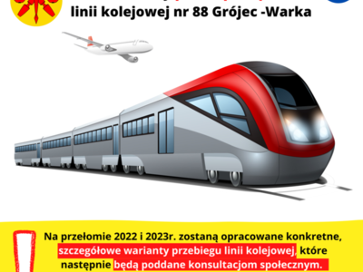 Grafika informująca o konsultacjach społecznych ws. linii kolejowej Grójec-Warka
