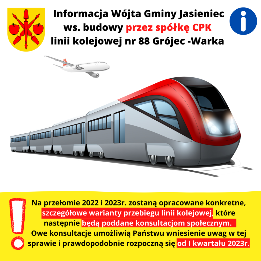 Grafika informująca o konsultacjach społecznych ws. linii kolejowej Grójec-Warka