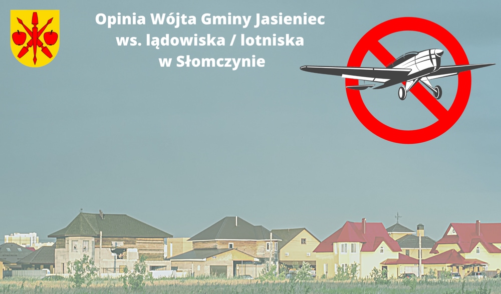 grafika przedstawiająca przekreślony samolot unoszący się nad domami mieszkalnymi