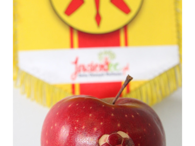 grafika przedstawiająca jabłko z wygrawerowaną piłką