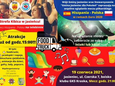 Grafika informująca o Strefie Kibica w Jasieńcu. Impreza odbędzie się 19 czerwca o godzinie 21:00. Atrakcje: foodtracki, przekąski i napoje.