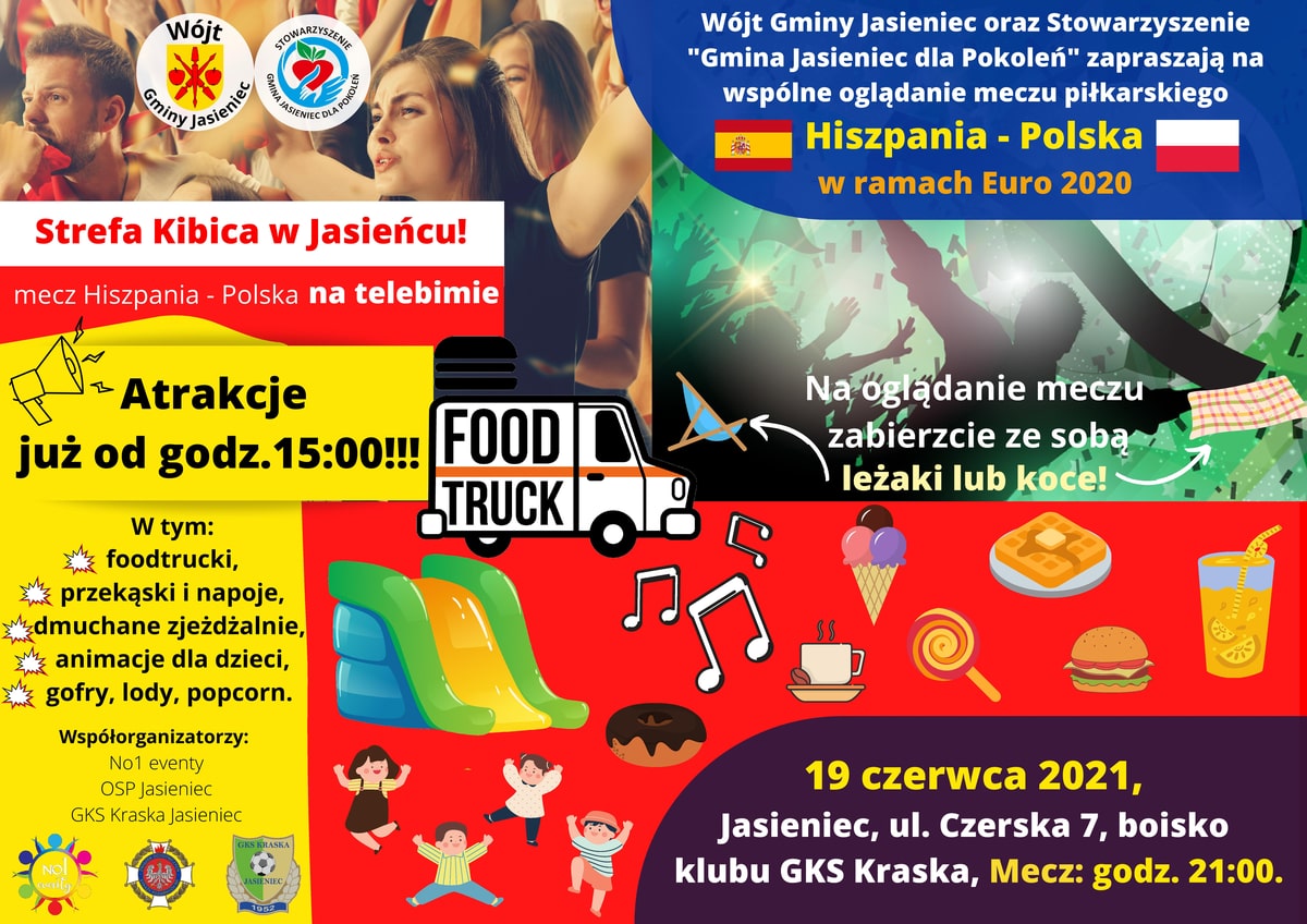 Grafika informująca o Strefie Kibica w Jasieńcu. Impreza odbędzie się 19 czerwca o godzinie 21:00. Atrakcje: foodtracki, przekąski i napoje.