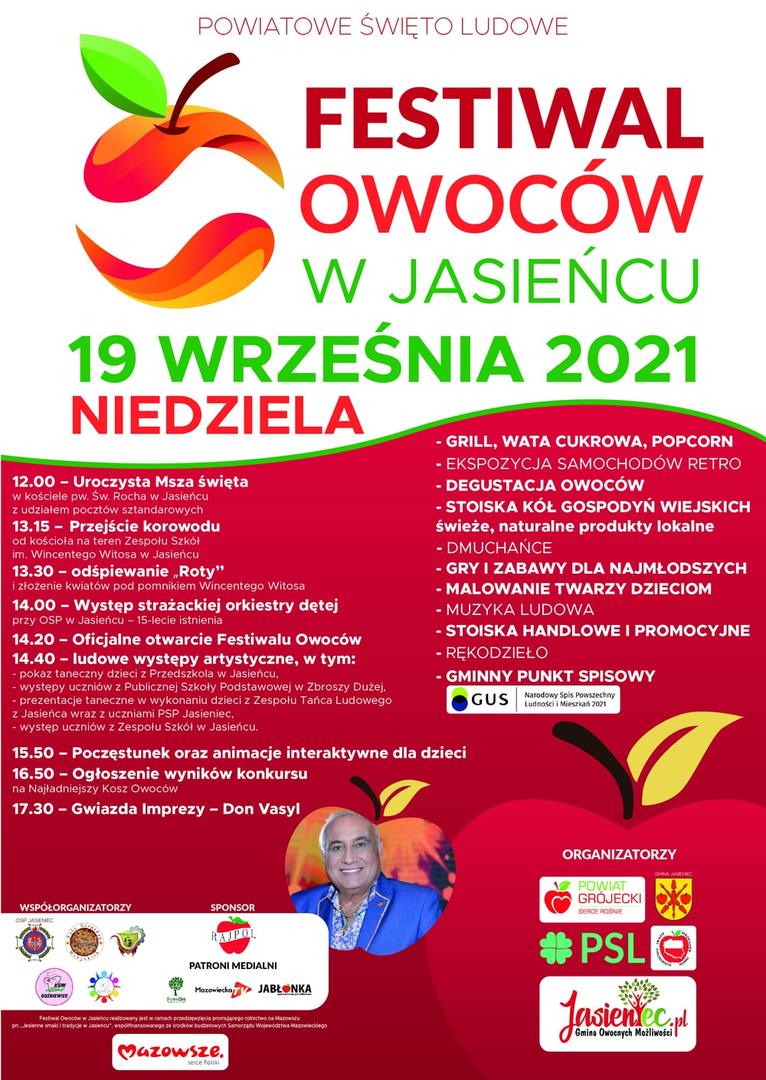 Grafika informuje o planie pikniku o nazwie "Festiwal Owoców w Jasieńcu".
