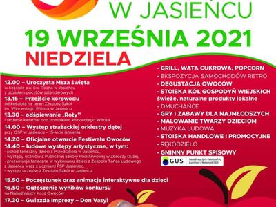 Grafika informuje o planie pikniku o nazwie "Festiwal Owoców w Jasieńcu".