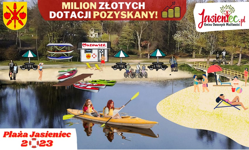 Grafika przedstawia sugerowany wygląd terenu rekreacyjnego nad stawami w Jasieńcu.