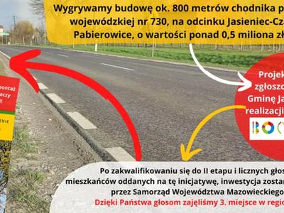 Grafika informująca o wygraniu dotacji na budowę chodnika  przez Gminę Jasieniec.
