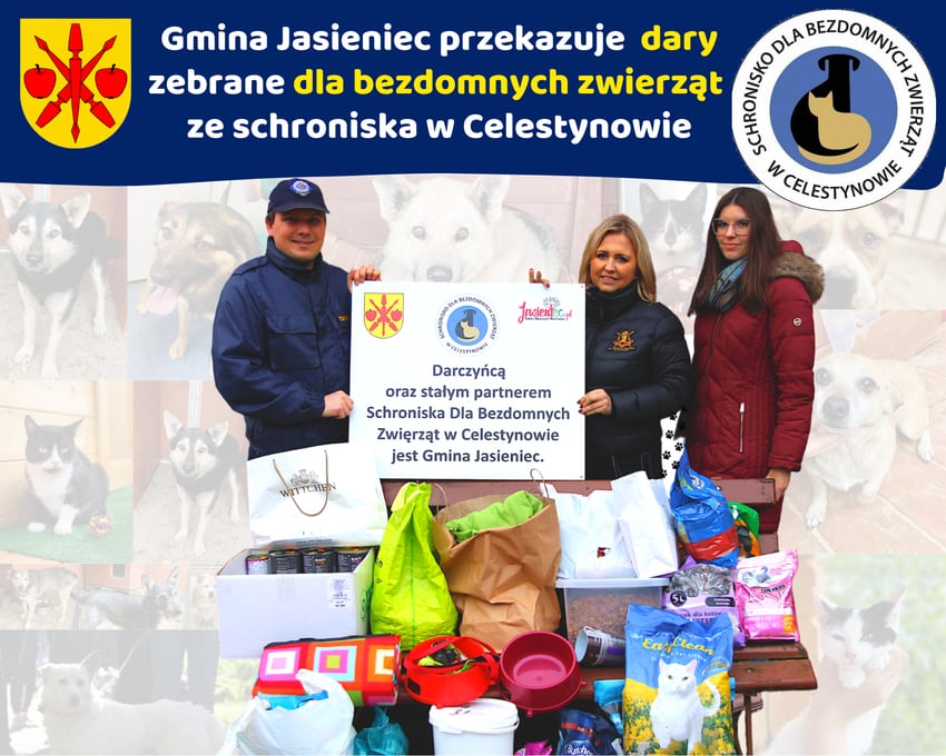 grafika informująca o przekazaniu darów dla schroniska dla zwierząt