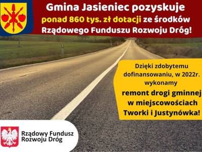 Grafika informująca o otrzymaniu 860 000 zł. dotacji z Rządowego Funduszu Rozwoju Dróg