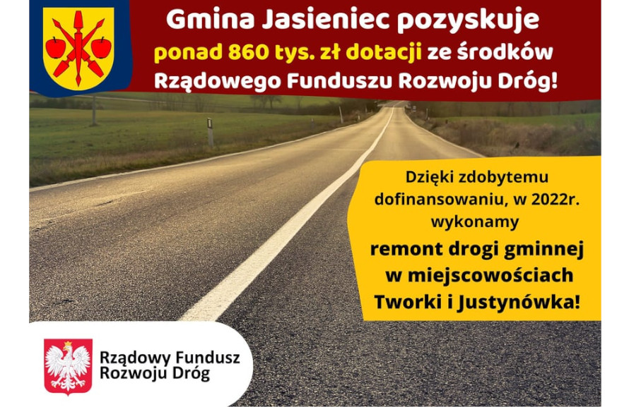 Grafika informująca o otrzymaniu 860 000 zł. dotacji z Rządowego Funduszu Rozwoju Dróg
