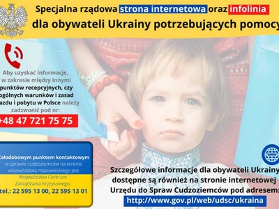 Grafika informująca o stronie www i infolini dla obywateli Ukrainy potrzebujących pomocy