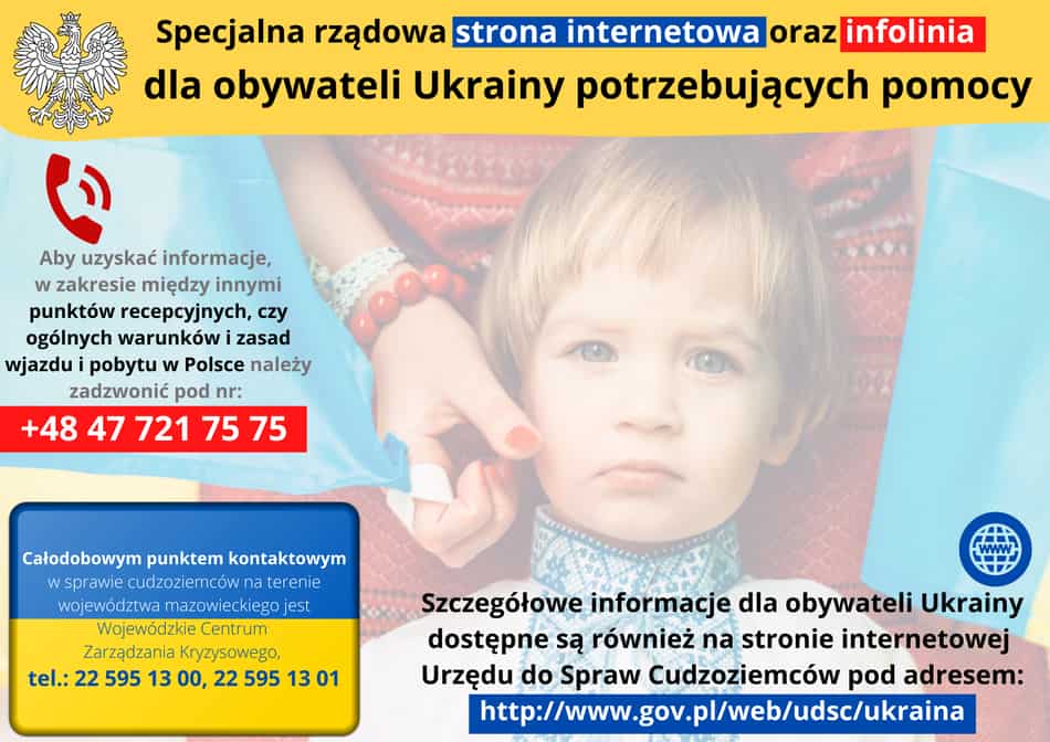 Grafika informująca o stronie www i infolini dla obywateli Ukrainy potrzebujących pomocy