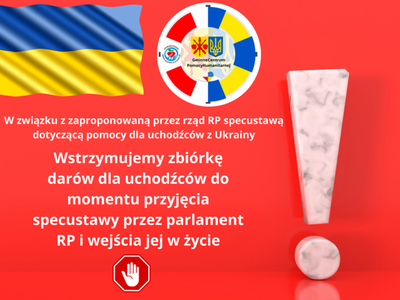 Grafika informująca o wstrzymaniu zbiórki darów dla uchodźców