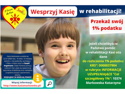 Grafika informująca o zbiórce 1% dla Kasi Markowskiej