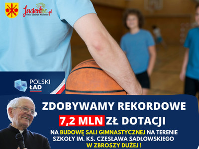 Grafika informująca o dotacji na budowę sali gimnastycznej