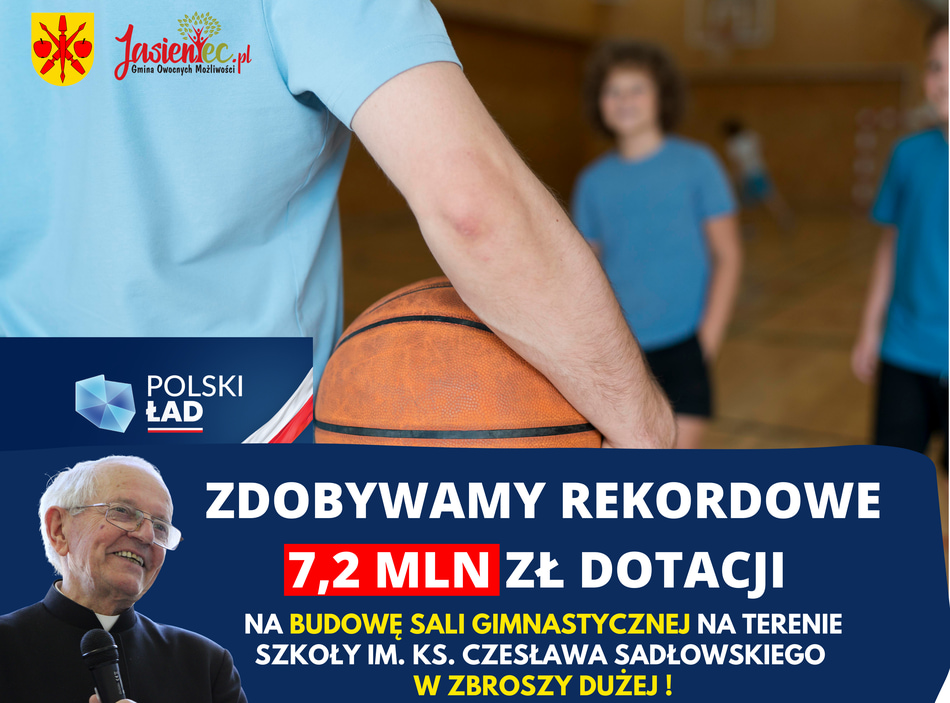Grafika informująca o dotacji na budowę sali gimnastycznej