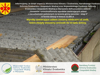 Informacja: wyroby zawierające azbest zostaną odebrane od osób, które złożyły stosowny wniosek do Urzędu Gminy.