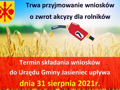 Plakat przedstawia przypomnienie o terminie składania wniosków o zwrot akcyzy