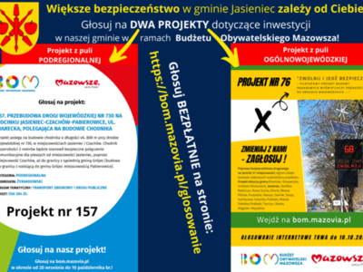 Plakat o zachęcający do głsowania o napisie: Większe bezpieczeństwo w gminie Jasieniec zależy od Ciebie!
