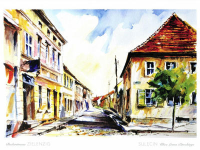 Akwarela. Przedwojenne kamienice Sulęcina.