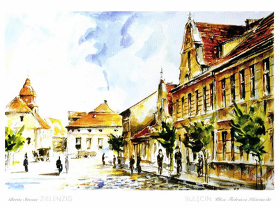 Akwarela. Widok na kamienice dawnego Sulęcina.