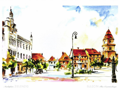 Akwarela. Widok na rynek dawnego Sulęcina. Przedstawia ratusz, kamienice oraz kościół.
