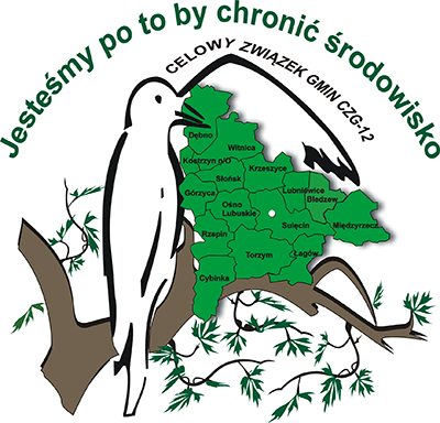 Logo Celowego Związku Gmin CZG-12. Ptak siedzący na gałęzi, w tle mapa z obszarem działania CZG-12.
