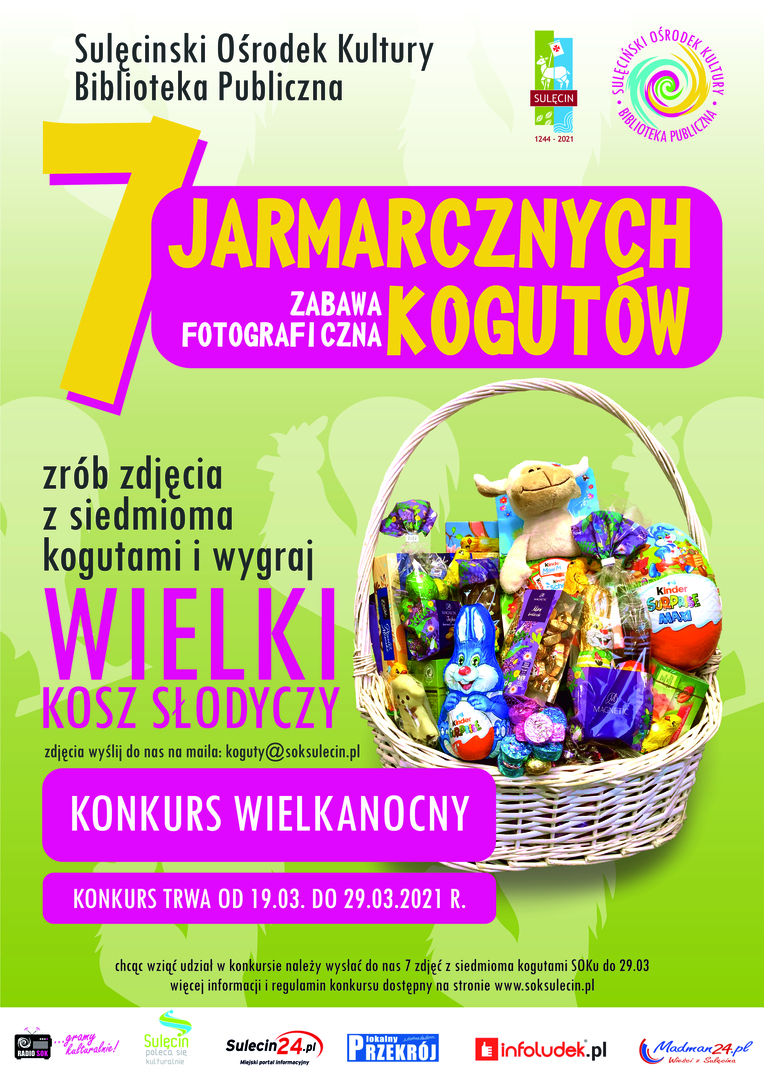 Na plakacie informującym o konkursie kosz wielkanocnych pyszności. 