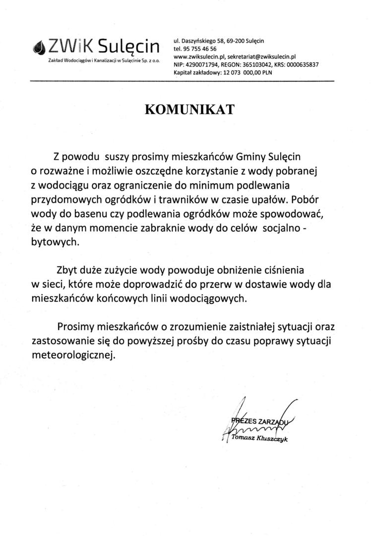 Komunikat ZWiK Sulęcin.