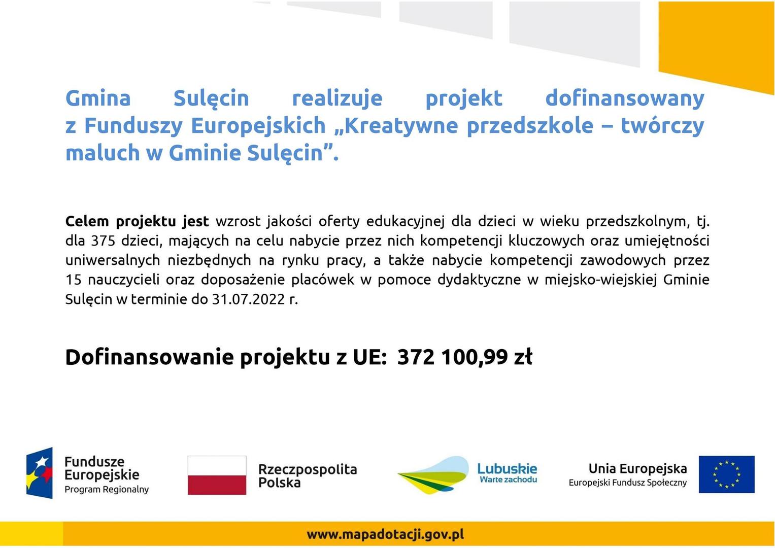 „Kreatywne przedszkole – twórczy maluch w Gminie Sulęcin”