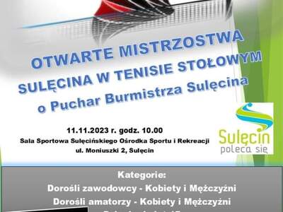 Zapraszamy na Otrwarte Mistrzostwa Sulęcina w Tenisie Stołowym o Puchar Burmistrza Stołowego