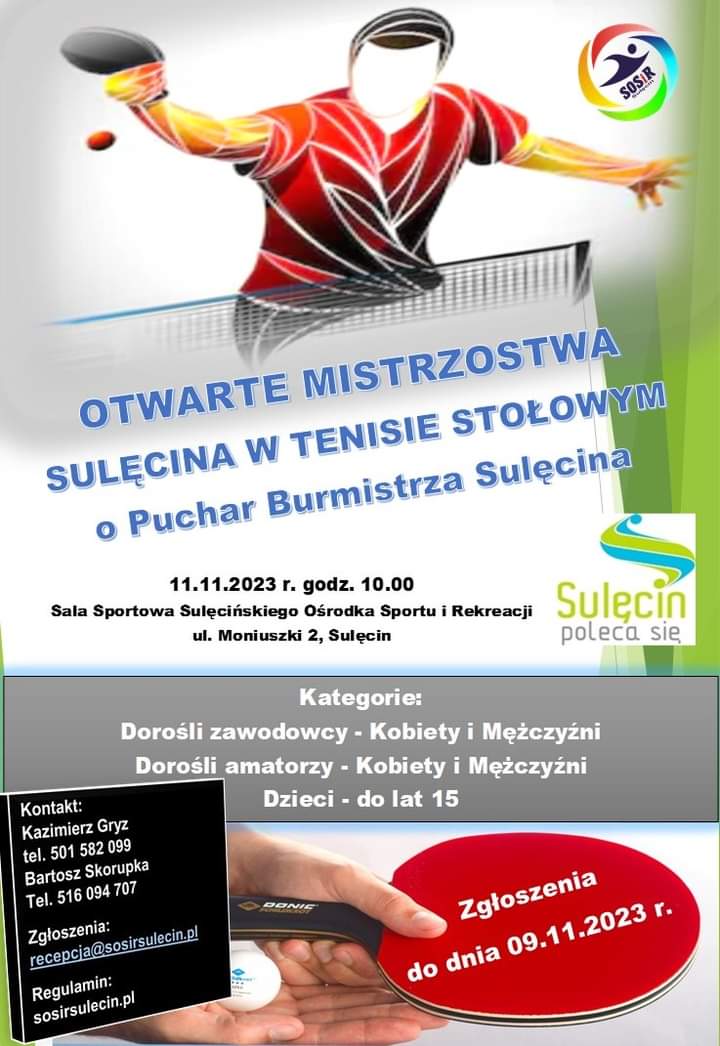 Zapraszamy na Otrwarte Mistrzostwa Sulęcina w Tenisie Stołowym o Puchar Burmistrza Stołowego
