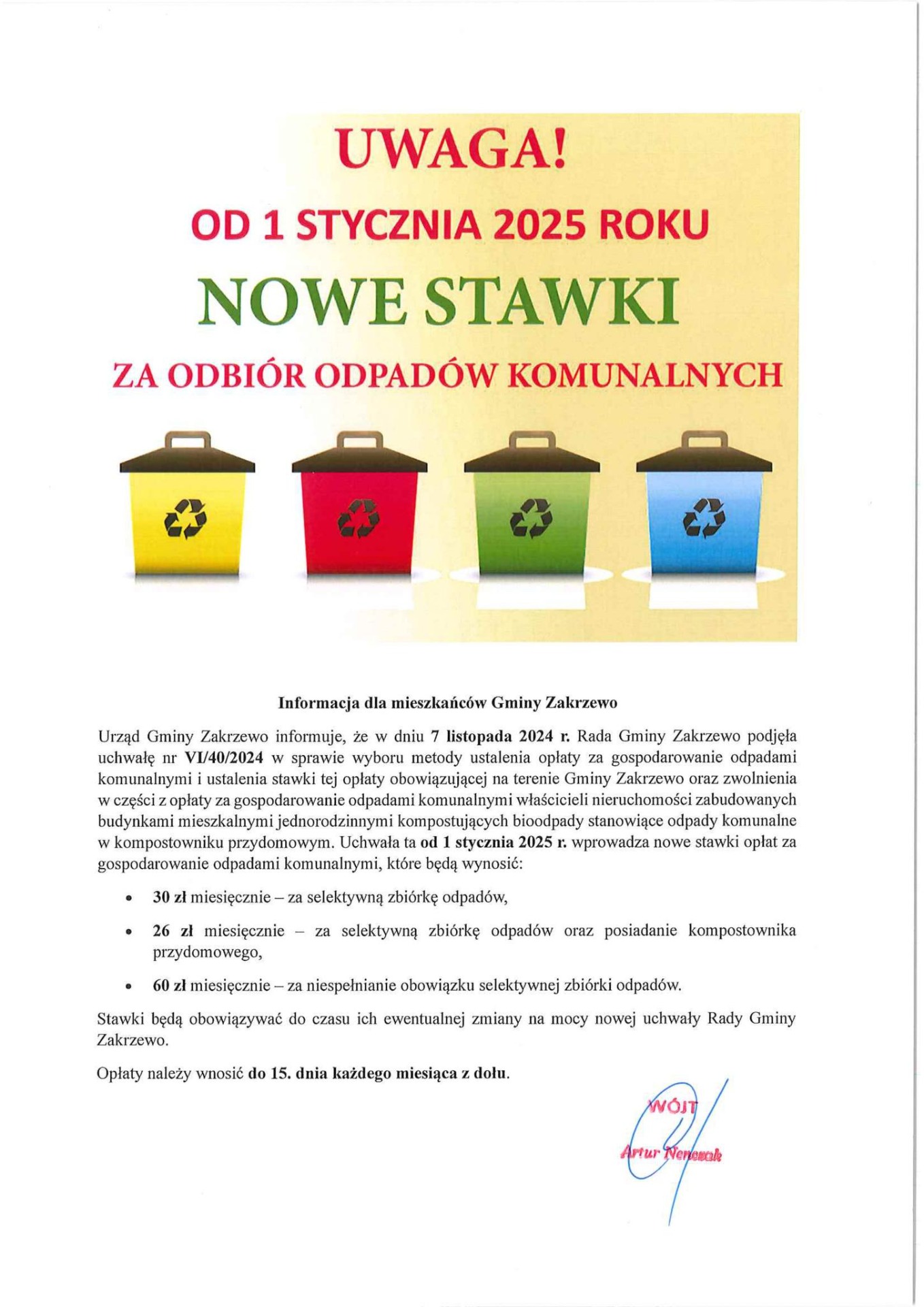 Informacja o zmianie stawki za gospodarowanie odpadami komunalnymi od 1 stycznia 2025 roku!