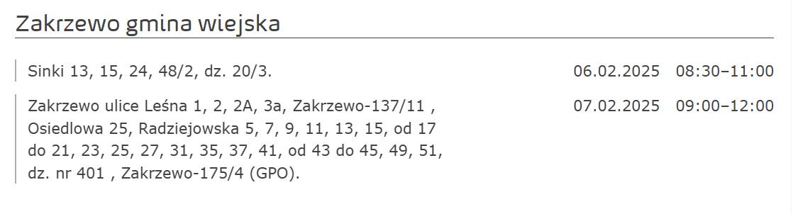 Informacja przerwa w dostawie energii
