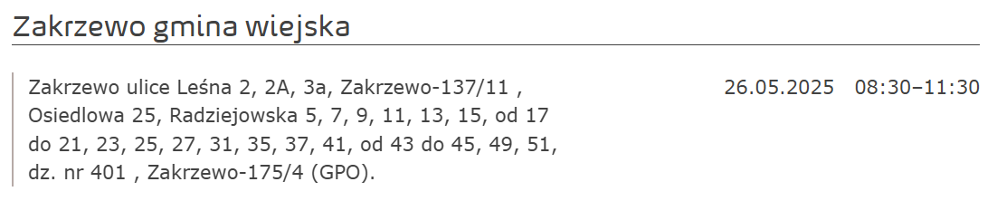 Informacja o przerwie w dostawie energii elektrycznej
