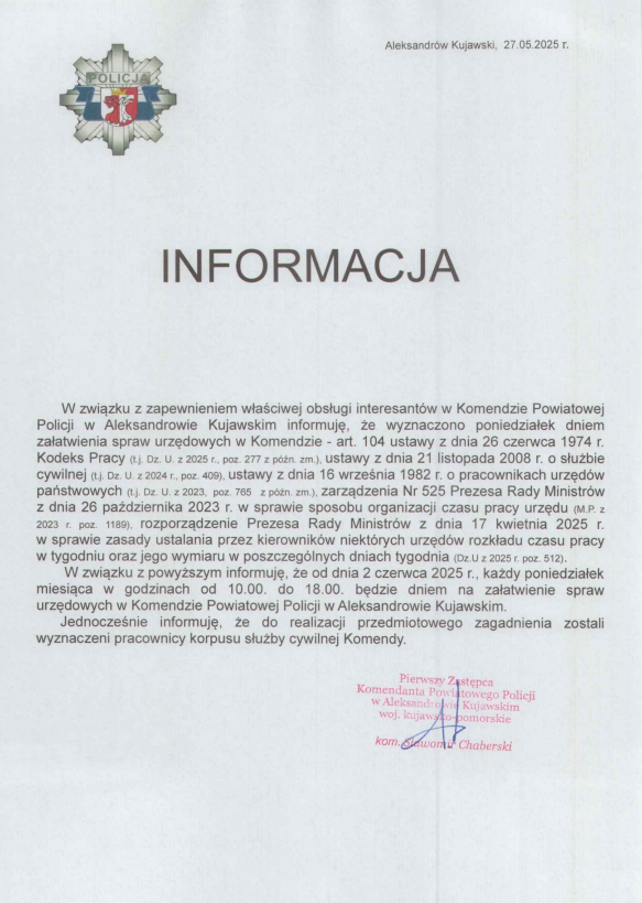 Informacja Komenda Powiatowa Policji w Aleksandrowie Kujawskim