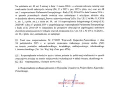 rozporządzenia Wojewody Kujawsko-Pomorskiego Nr 21/2025 z dnia 25 listopada 2025 r., uchylone zostały ograniczenia dla obszaru zapowietrzonego i zagrożonego, 3