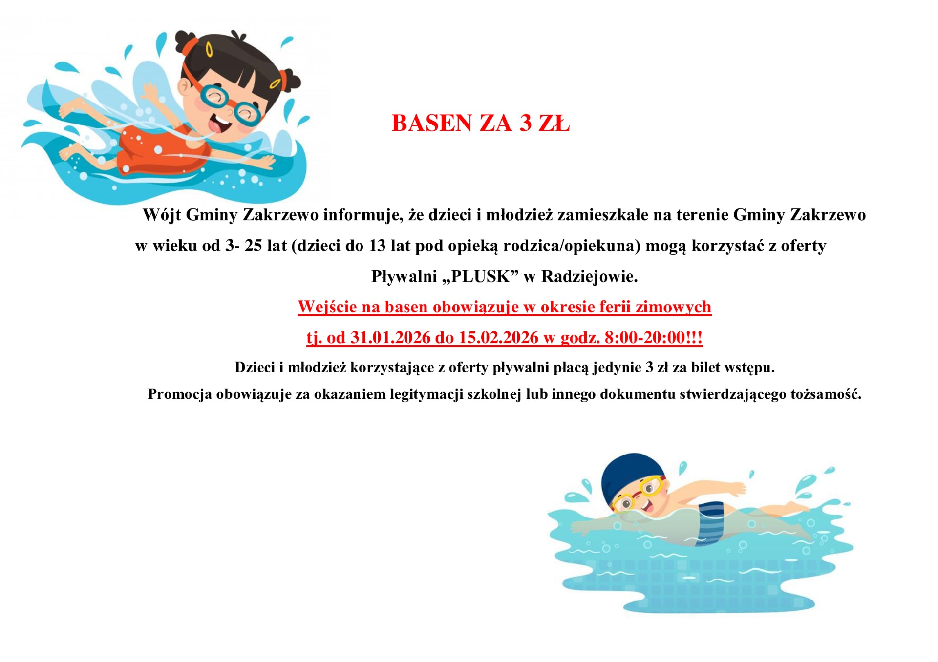 Basen za 3 zł Pływalnia Plusk Radziejów dla dzieci i młodzieży zamieszkałych z terenu Gminy Zakrzewo!