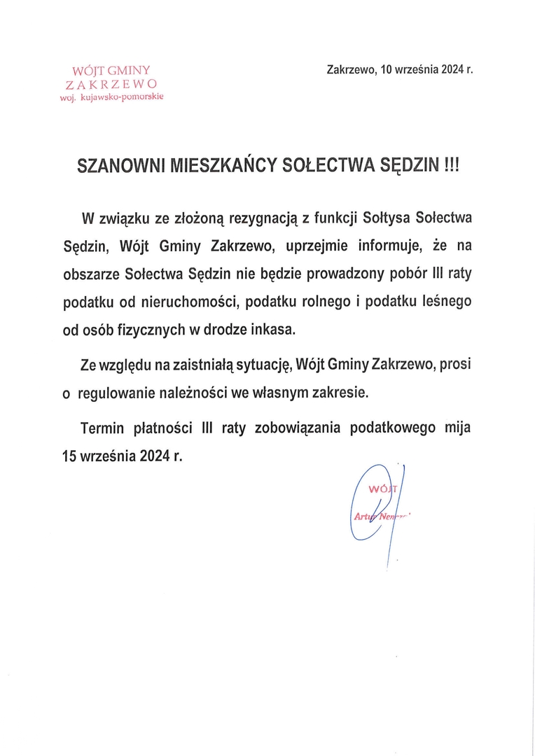 Informacja dla mieszkańców Sołectwa Sędzin!