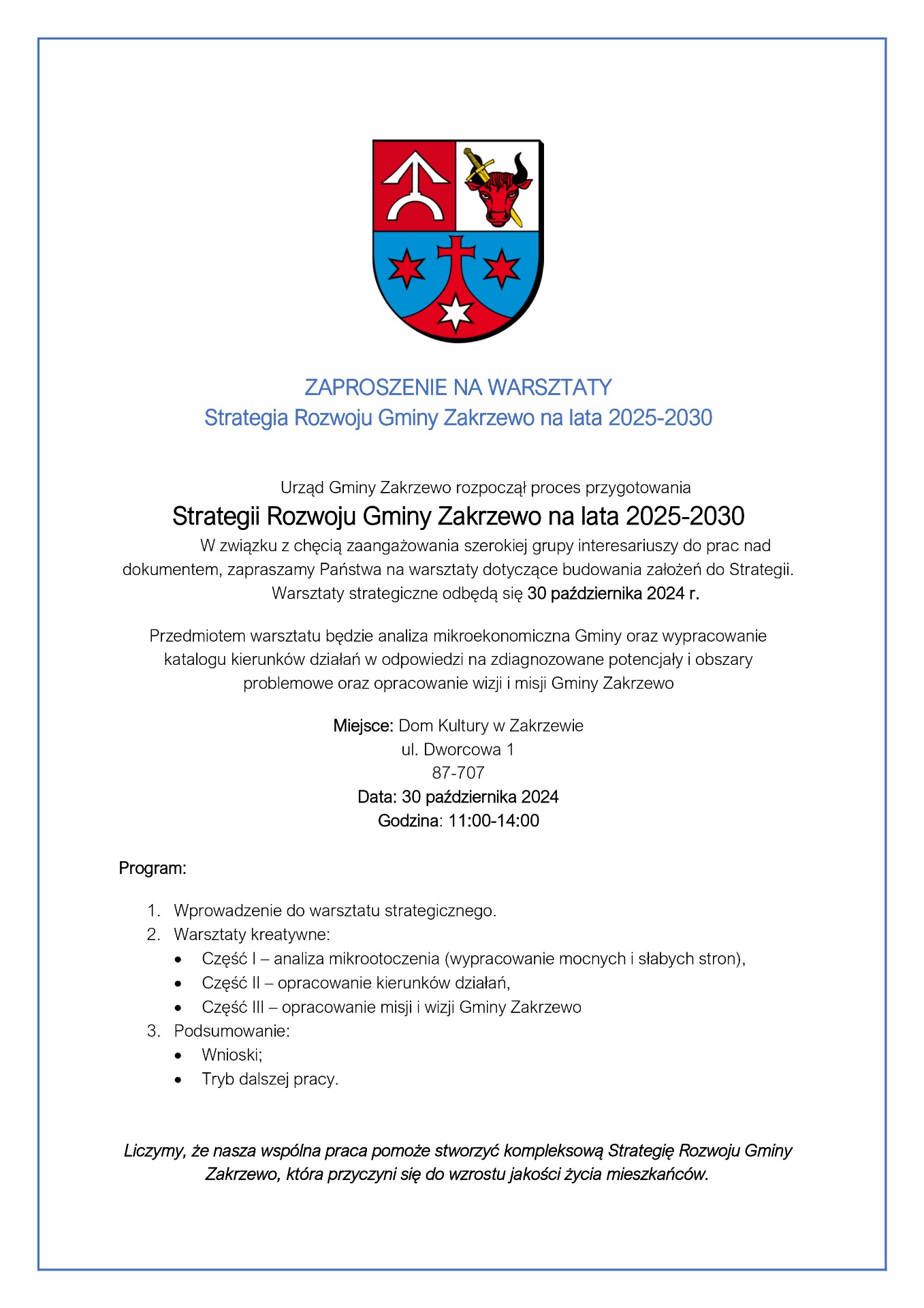ZAPROSZENIE NA WARSZTATY Strategia Rozwoju Gminy Zakrzewo na lata 2025-2030