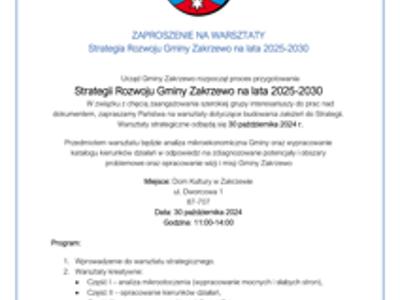 ZAPROSZENIE NA WARSZTATY Strategia Rozwoju Gminy Zakrzewo na lata 2025-2030