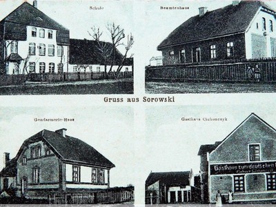 Alt="Pocztówka ze Zborowskiego- Sorowski - Zborowskie. Szkoła, dom urzędników, dom żandarmerii, gościniec "Gasthaus zum deutschen Kaiser" Cichończyka. zródło: https://polska-org.pl/7616094,foto.html "