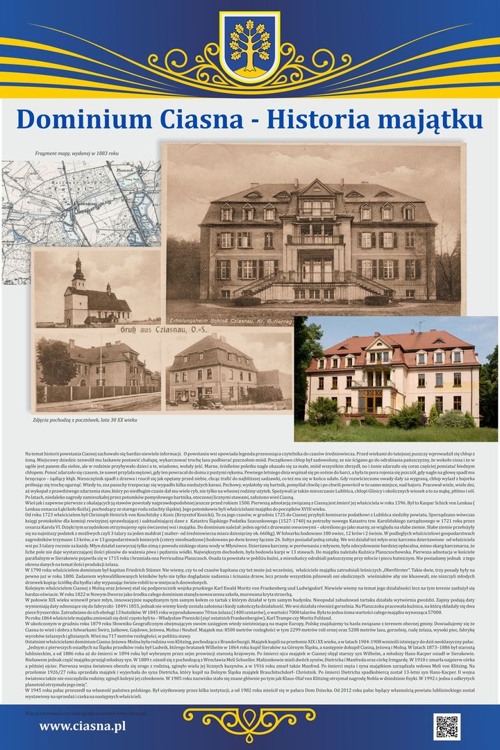 Alt="Zdjęcie przedstawia projekt tablicy ukazujący historię Pałacu w Ciasnej."