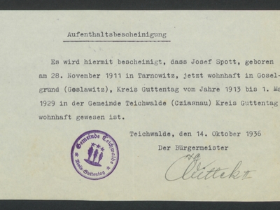 Alt="Zdjęcie przedstawia dokument z pieczęcią  z Ciasnej, oryginał znajduje się w Opolskim oddziale Archiwów Państwowych."