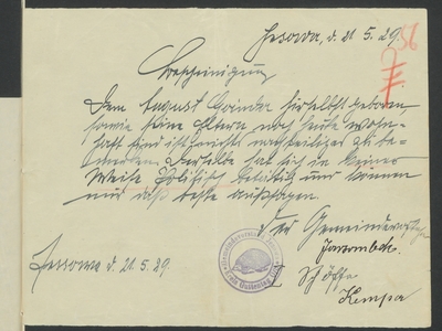 Alt="Zdjęcie przedstawia dokument z pieczęcią  z Jeżowej, oryginał znajduje się w Opolskim oddziale Archiwów Państwowych."
