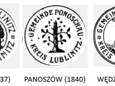 Alt="Zdjęcie przedstawia kolarz z fragmentami dokumentu z pieczęciami sołectw wraz z datami. Pieczęcie pochodzą z wydawnictwa Jerzego Parysa "Herbarz Ziemi Lublinieckiej”."