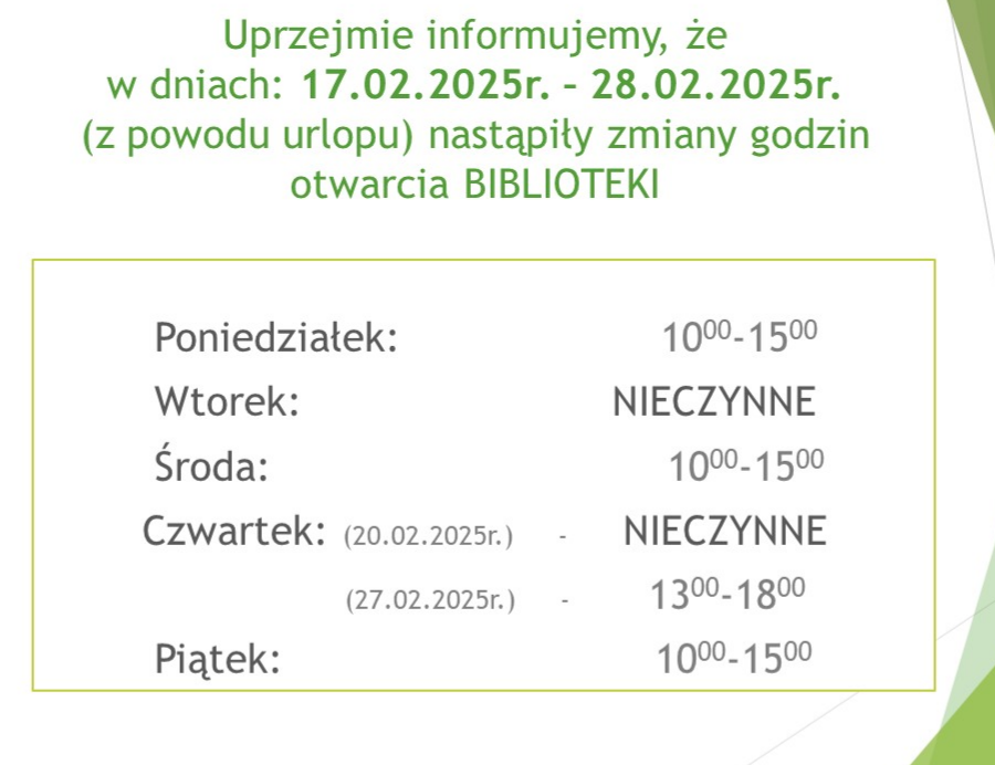 Alt="Informacja dotycząca zmiany godzin otwarcia Gminnej Biblioteki Publicznej w Ciasnej w dniach 17-28.02.2025 r."