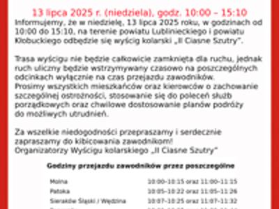 Alt=&quot;Komunikat o utrudnieniach w komunikacji podczas Wyścigu rowerowego &quot;Ciasne Szutry 13.07.2025r.&quot;.&quot;
